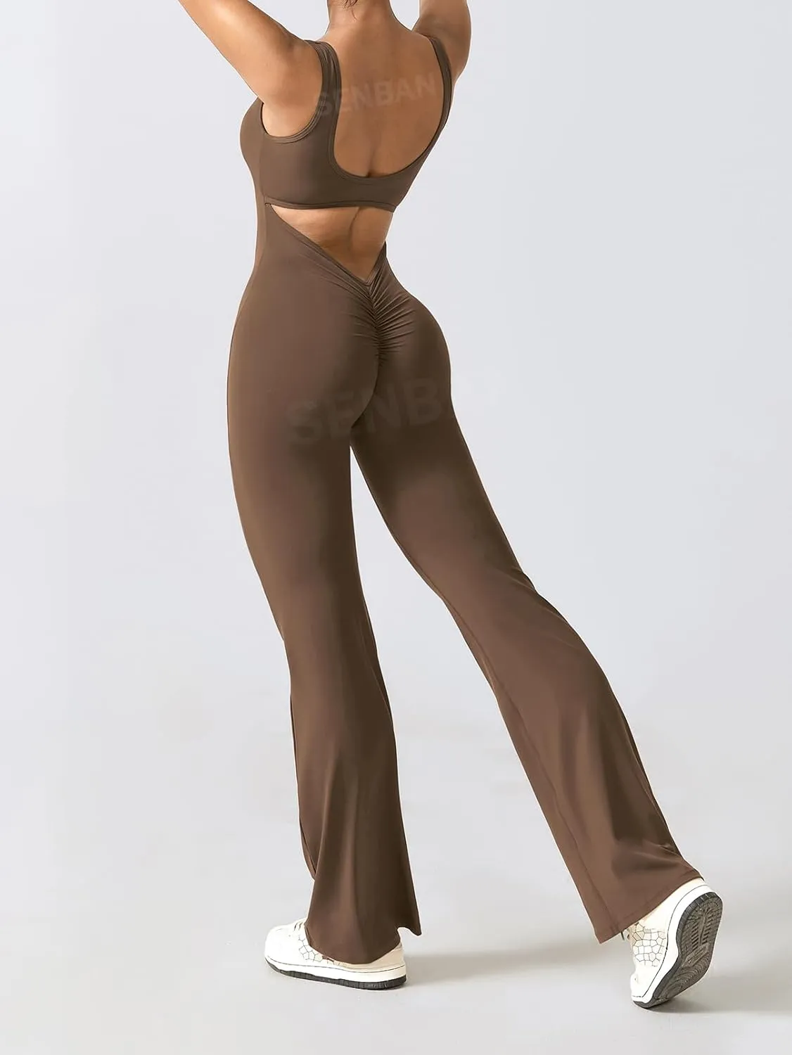 SENBAN Women Sleeveless Flare Jumpsuits Sexy Padded Backless Bodycon Rompers V Back Scrunch Butt Yoga Unitard Playsuit