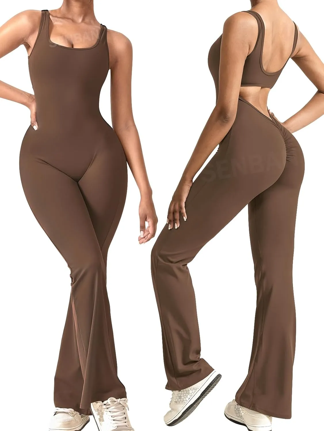 SENBAN Women Sleeveless Flare Jumpsuits Sexy Padded Backless Bodycon Rompers V Back Scrunch Butt Yoga Unitard Playsuit