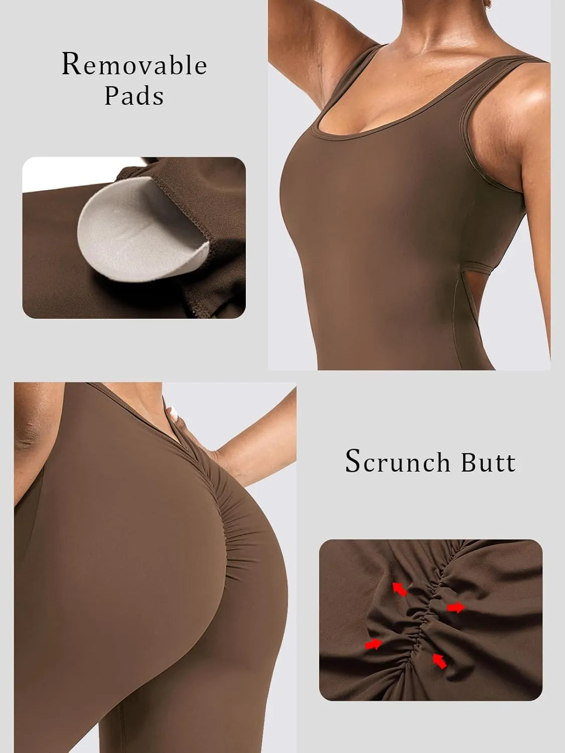 SENBAN Women Sleeveless Flare Jumpsuits Sexy Padded Backless Bodycon Rompers V Back Scrunch Butt Yoga Unitard Playsuit