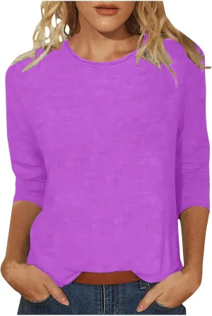 SHAOBGE 3/4 Sleeve Tops for Women's Solid Color Round Neck Slim Seven Point Sleeve T Shirt Top Women's Active