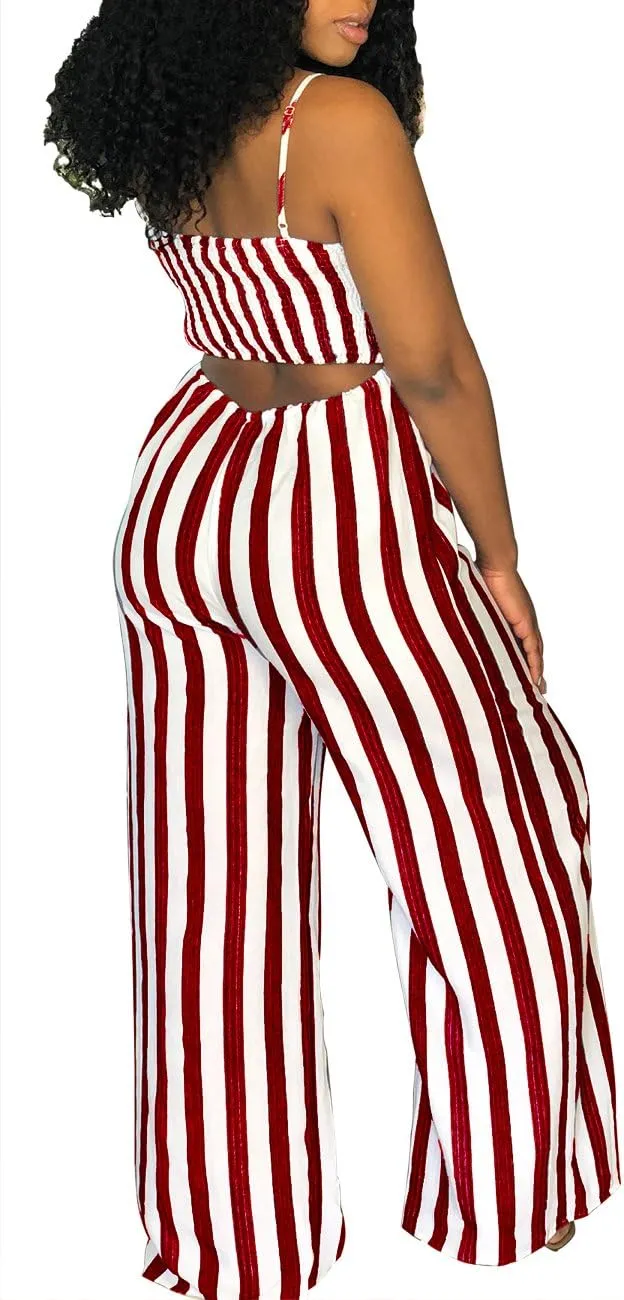 SheKiss 2025 Womens Striped Summer Jumpsuits Spaghetti Strap Sexy Sleeveless Rompers with Pockets