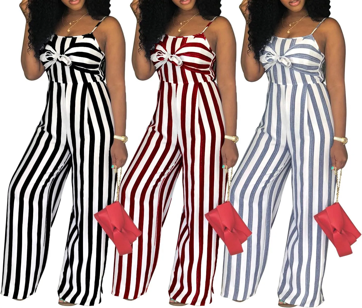 SheKiss 2025 Womens Striped Summer Jumpsuits Spaghetti Strap Sexy Sleeveless Rompers with Pockets