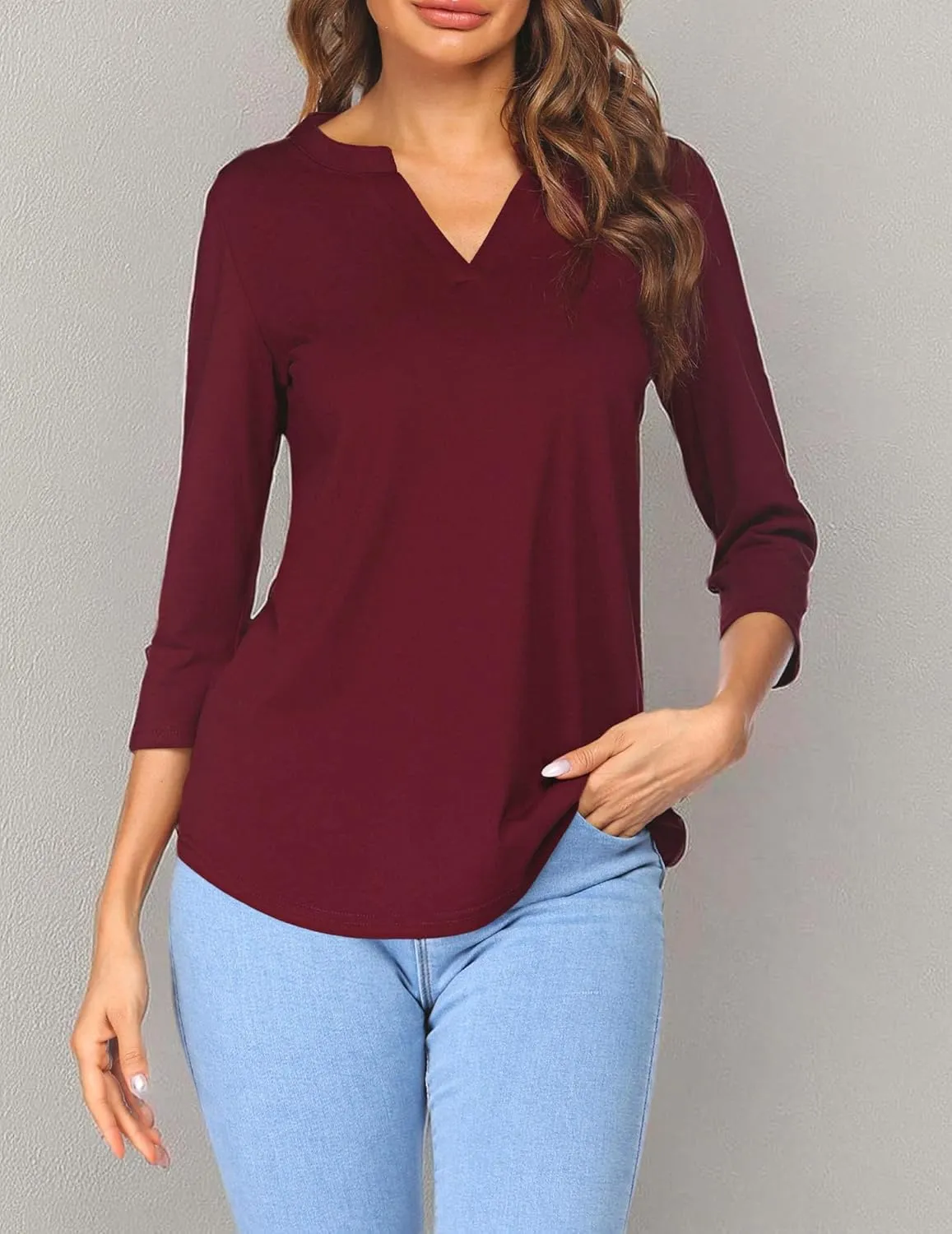 Sherosa Women's 3/4 Sleeve Shirts V Neck Casual Henley Work Tops Blouses