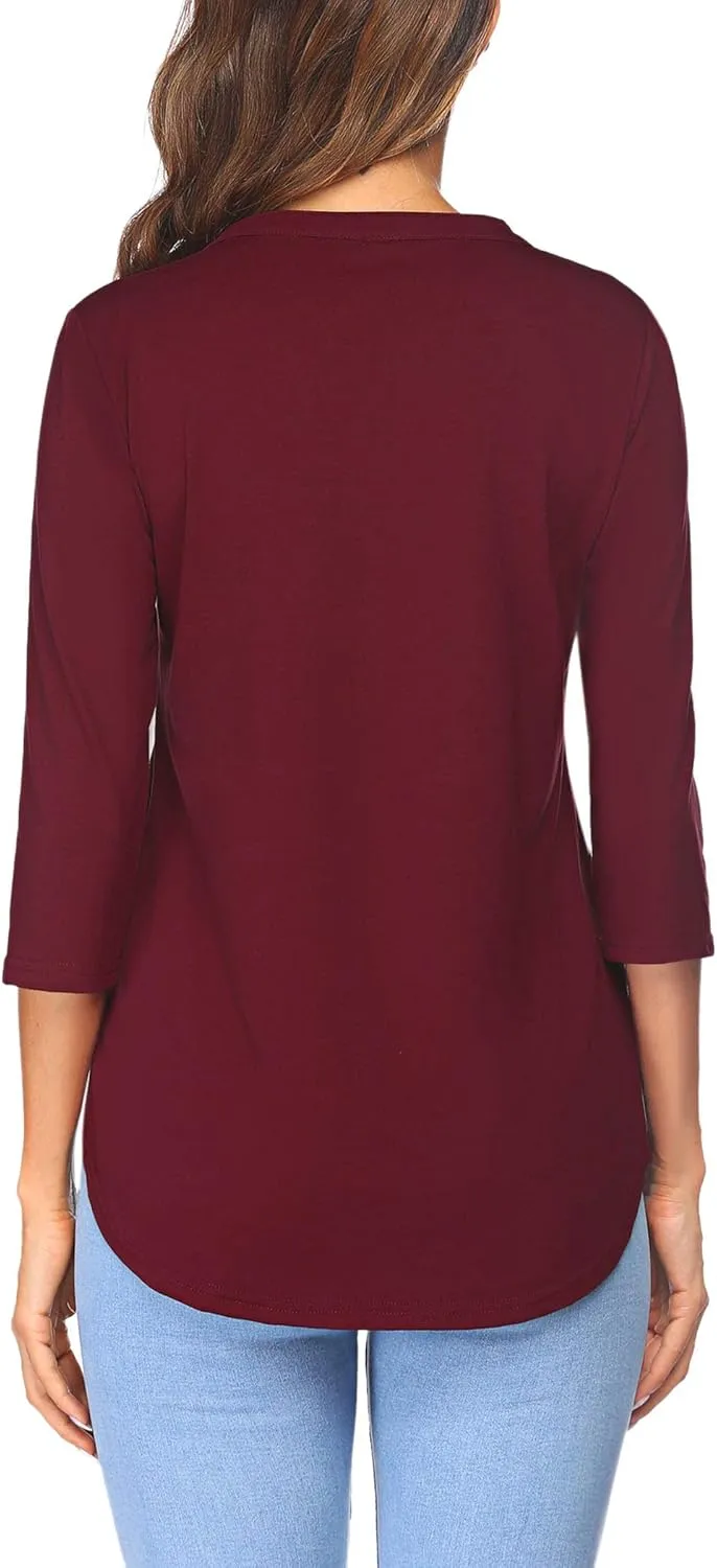 Sherosa Women's 3/4 Sleeve Shirts V Neck Casual Henley Work Tops Blouses