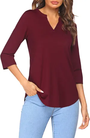 Sherosa Women's 3/4 Sleeve Shirts V Neck Casual Henley Work Tops Blouses