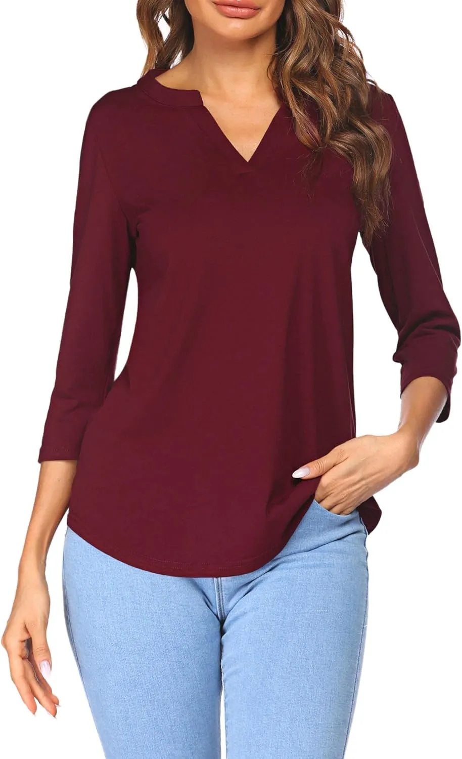 Sherosa Women's 3/4 Sleeve Shirts V Neck Casual Henley Work Tops Blouses