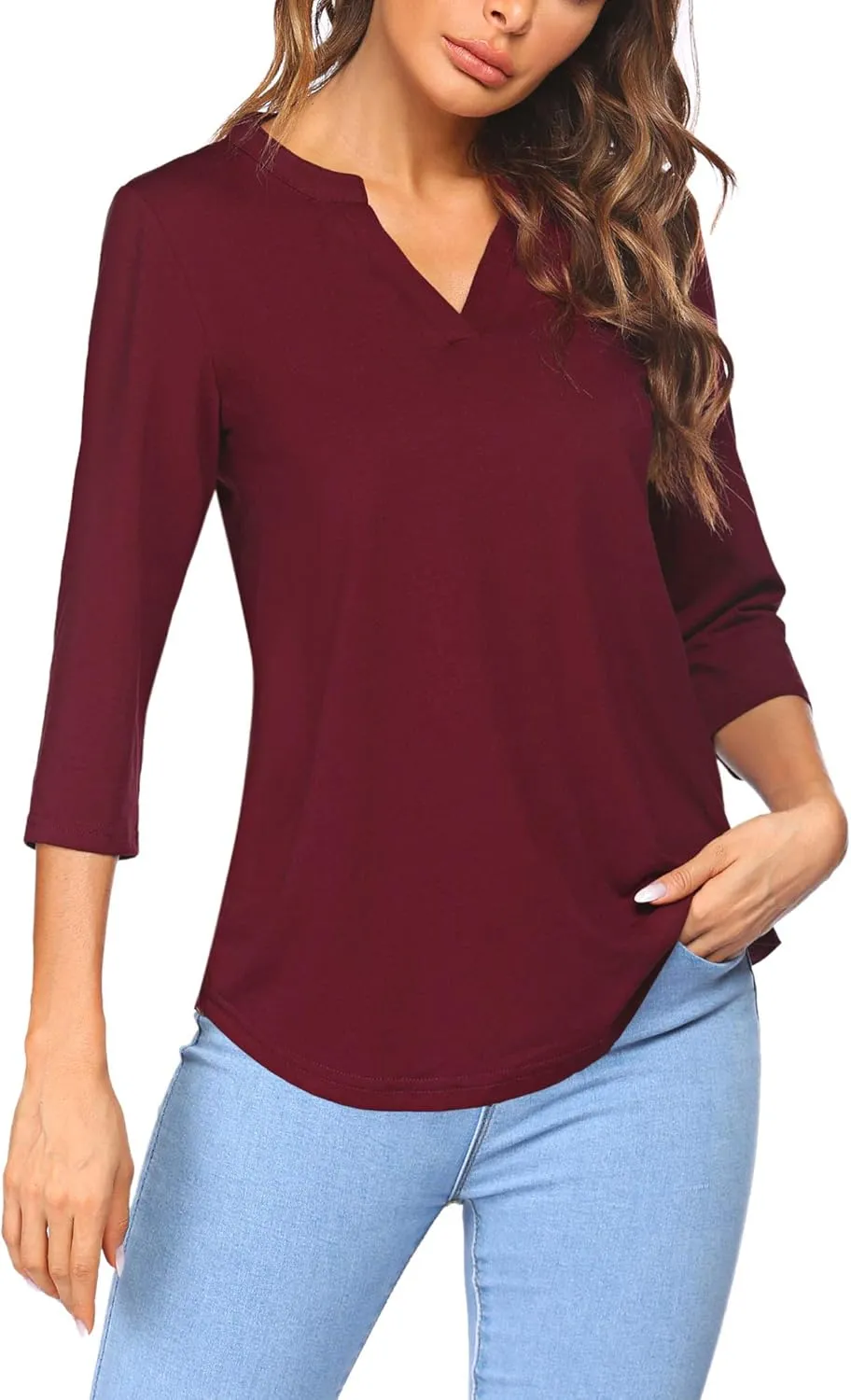 Sherosa Women's 3/4 Sleeve Shirts V Neck Casual Henley Work Tops Blouses