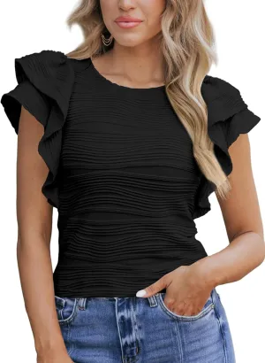 SHEWIN Womens Tops Casual Crewneck Ruffle Short Sleeve T Shirts Slim Fit Dressy Blouses