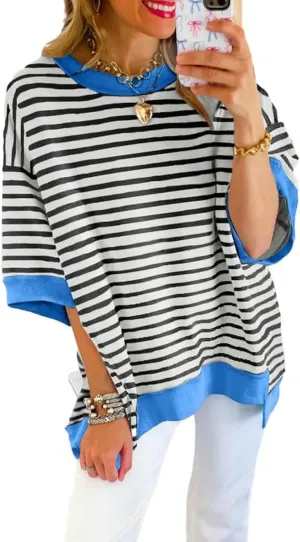 SHEWIN Womens Tops Casual Short Sleeve Sweatshirt Striped Shirt Crewneck Pullover T Shirts Loose Blouses