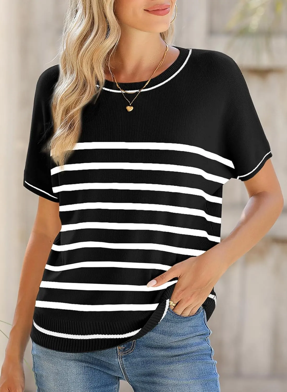 SHEWIN Womens Tops Trendy Casual Short Sleeve Shirts Crewneck Lightweight Knit Sweater Top