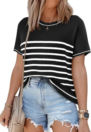 SHEWIN Womens Tops Trendy Casual Short Sleeve Shirts Crewneck Lightweight Knit Sweater Top