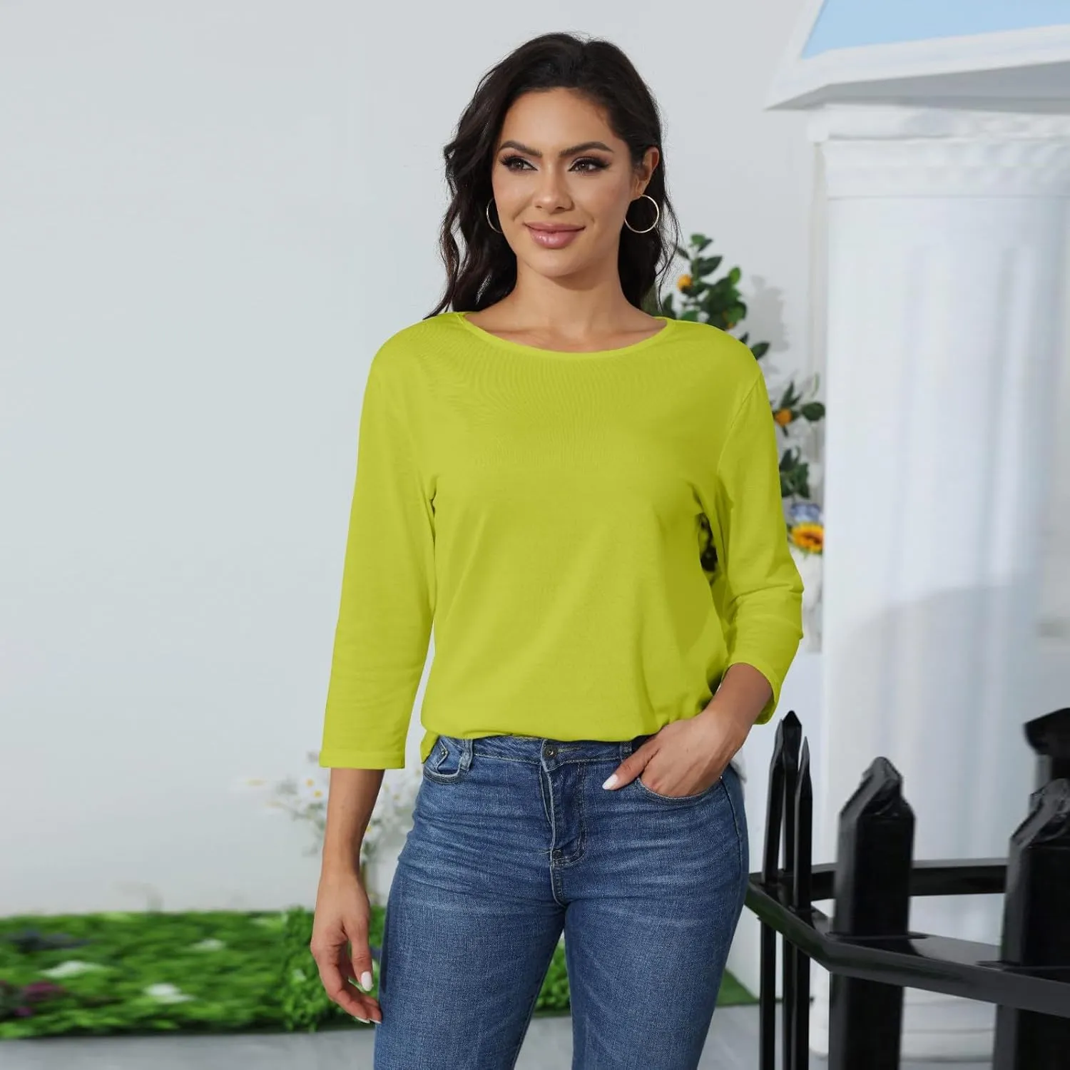 Shirts for Women Summer 3/4 Sleeve Crew Neck Printed Baggy Tops Holiday Dressy Casual Three Quarter Cute Womens Tops