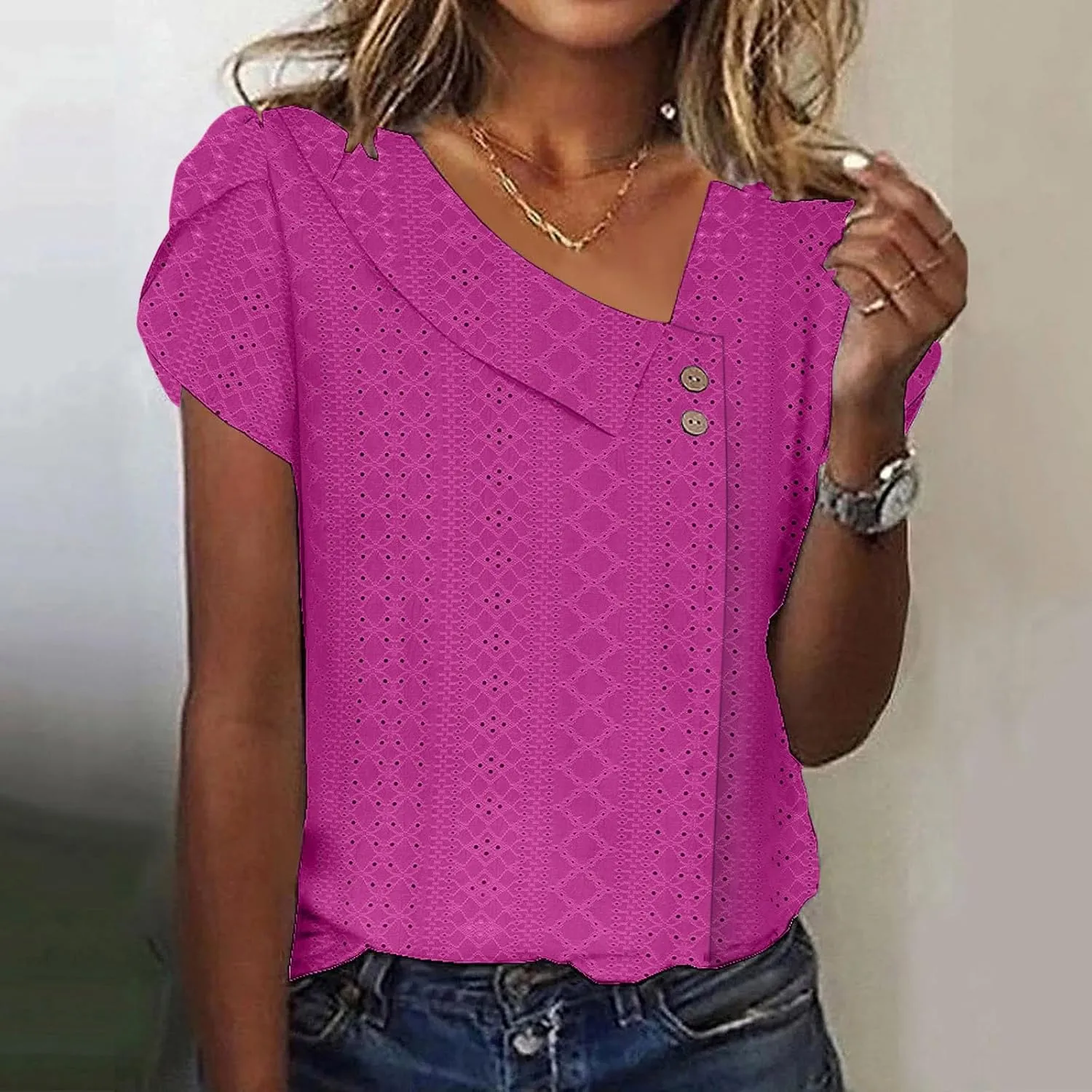 Shirts for Women Trendy Summer 2024 Petal Short Sleeve v Neck Petite Tops Cute Lace Eyelet Blouses Dressy Casual
