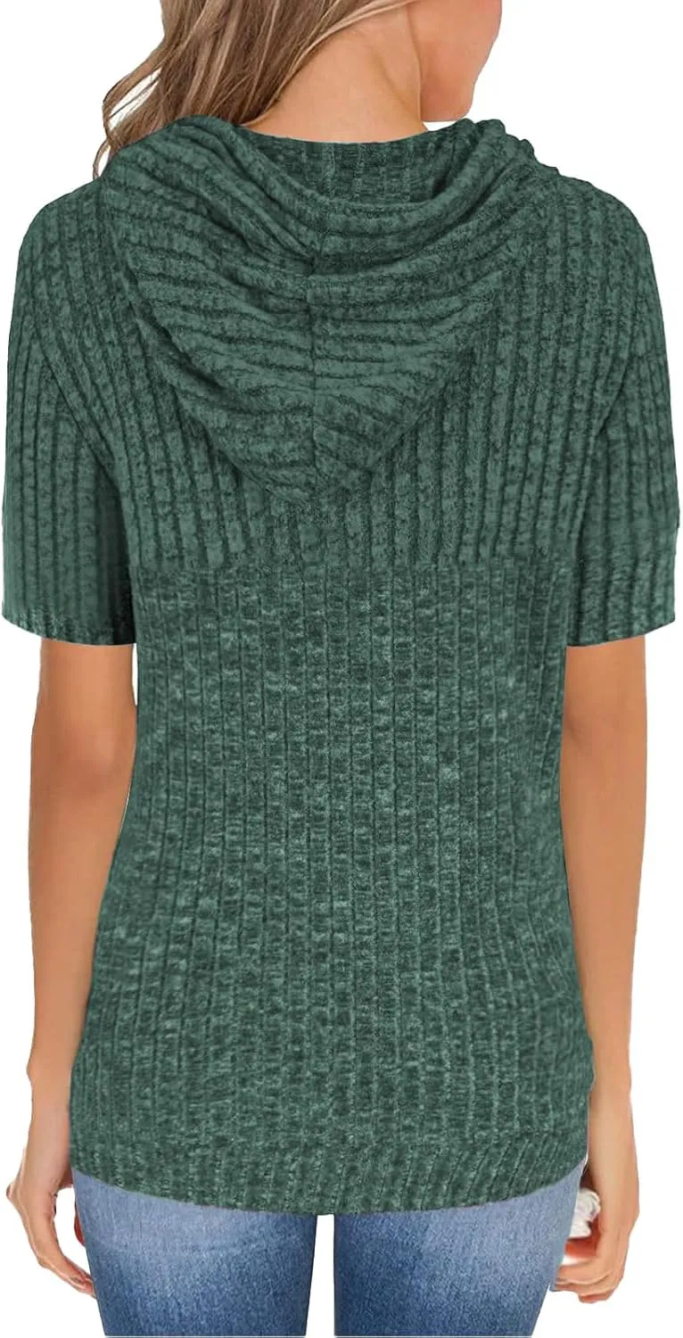 Short Sleeve Hoodies for Women Summer Tunic Tops Pullover Oversized Sweatshirts Casual Blouses with Kangaroo Pocket