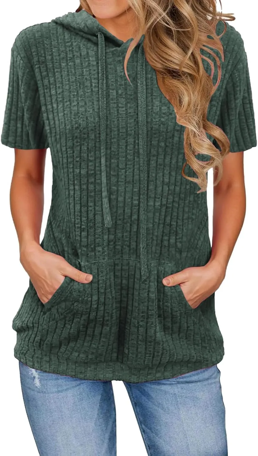 Short Sleeve Hoodies for Women Summer Tunic Tops Pullover Oversized Sweatshirts Casual Blouses with Kangaroo Pocket