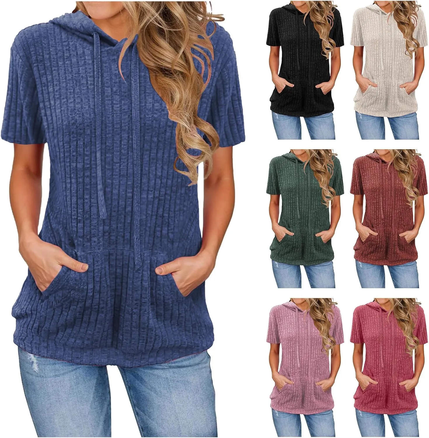 Short Sleeve Hoodies for Women Summer Tunic Tops Pullover Oversized Sweatshirts Casual Blouses with Kangaroo Pocket
