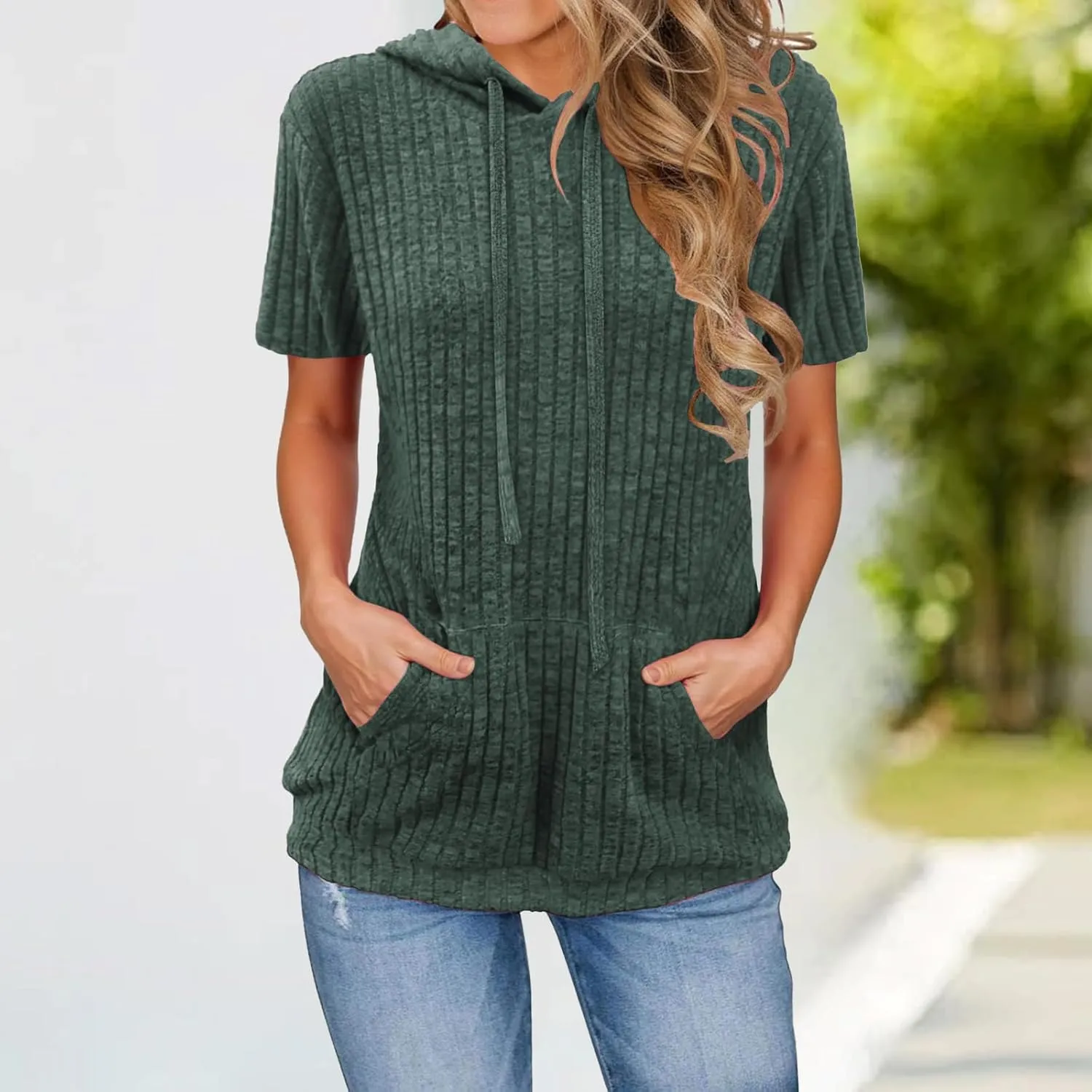 Short Sleeve Hoodies for Women Summer Tunic Tops Pullover Oversized Sweatshirts Casual Blouses with Kangaroo Pocket