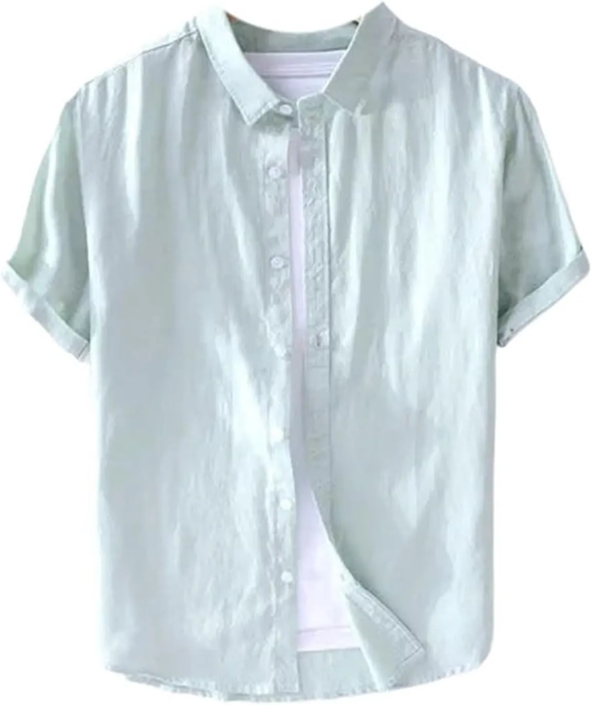 Short Sleeve Linen Shirt Men Turn-Down Collar Shirts Mens