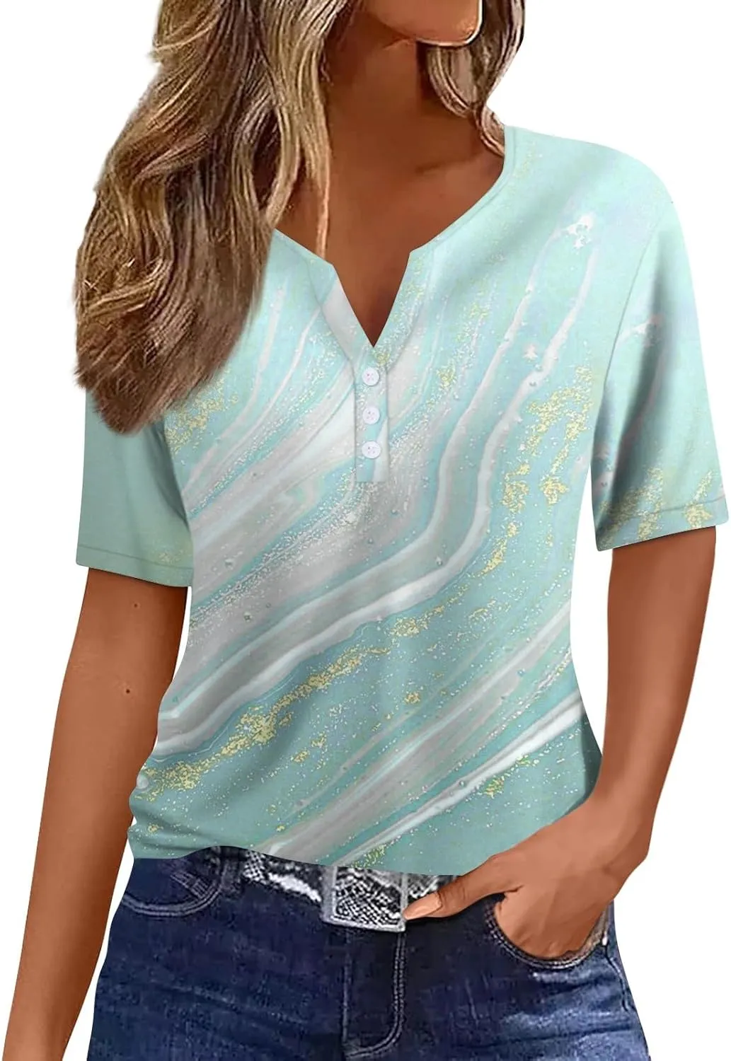 Short Sleeve Shirts for Women Oversized V-Neck Shirt Top Trendy Casual T Shirt Button Down Loose Printed Pullover