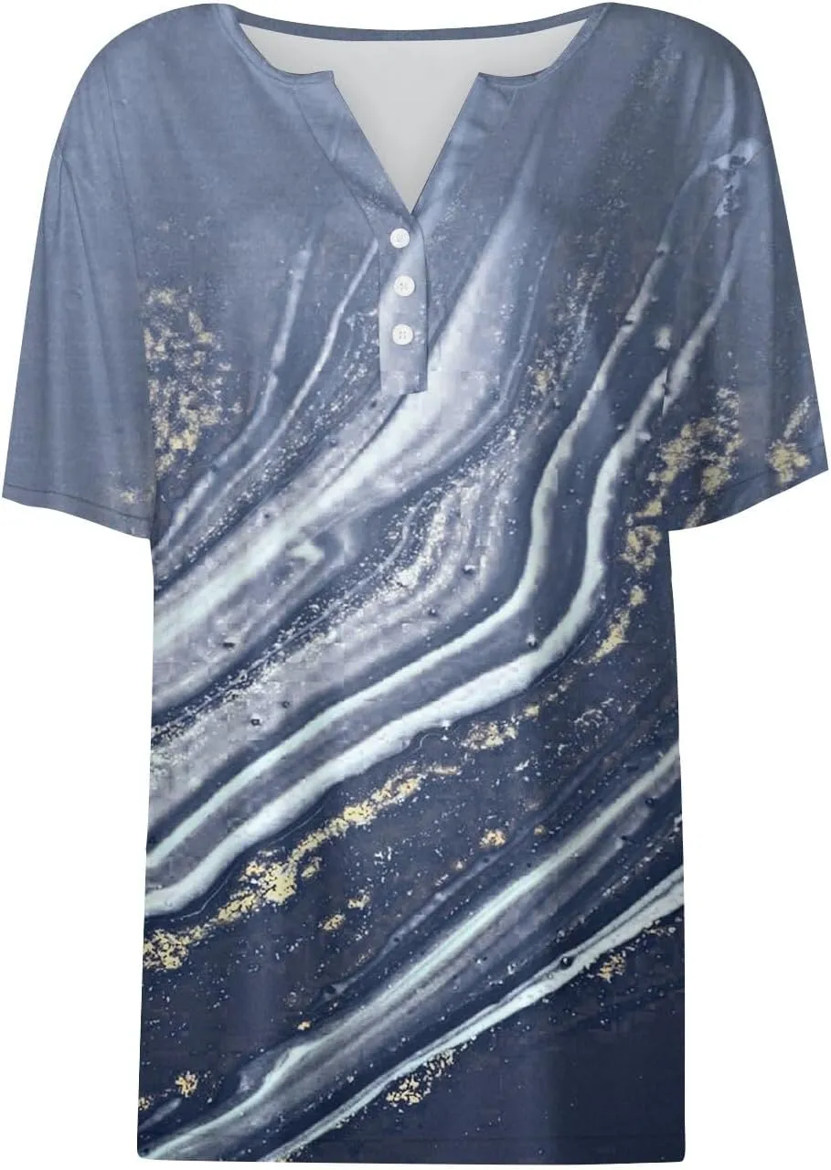 Short Sleeve Shirts for Women Oversized V-Neck Shirt Top Trendy Casual T Shirt Button Down Loose Printed Pullover