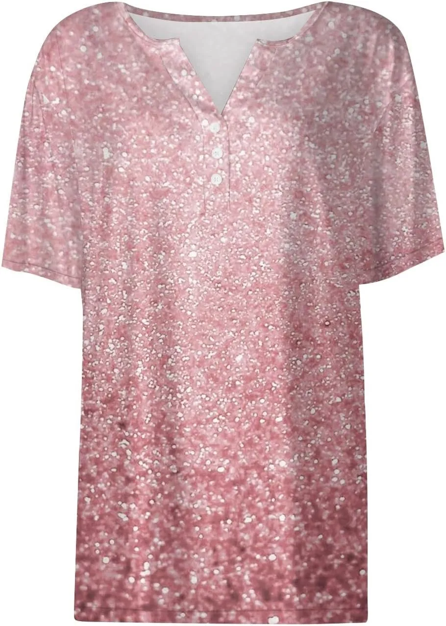 Short Sleeve Shirts for Women Oversized V-Neck Shirt Top Trendy Casual T Shirt Button Down Loose Printed Pullover