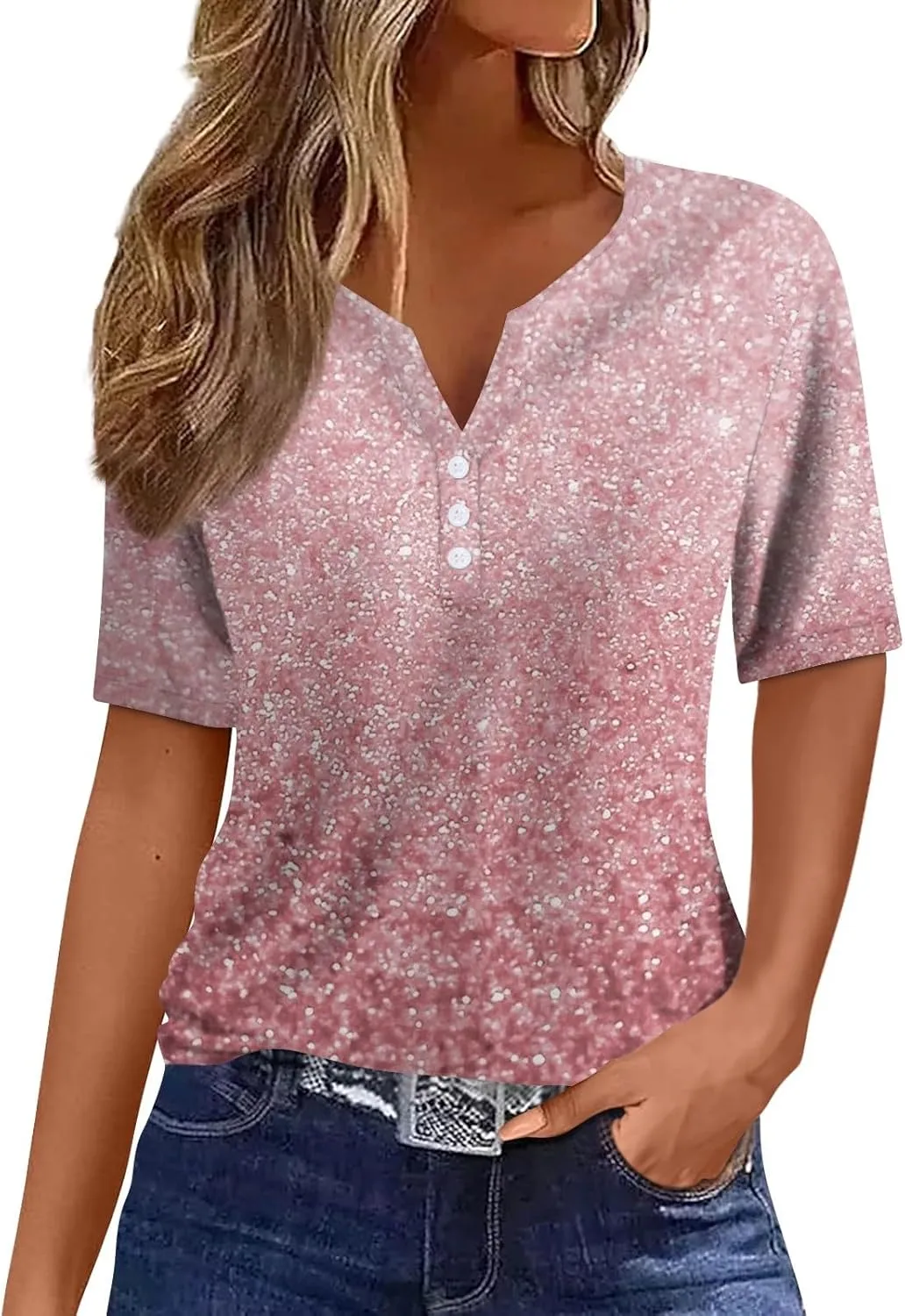 Short Sleeve Shirts for Women Oversized V-Neck Shirt Top Trendy Casual T Shirt Button Down Loose Printed Pullover