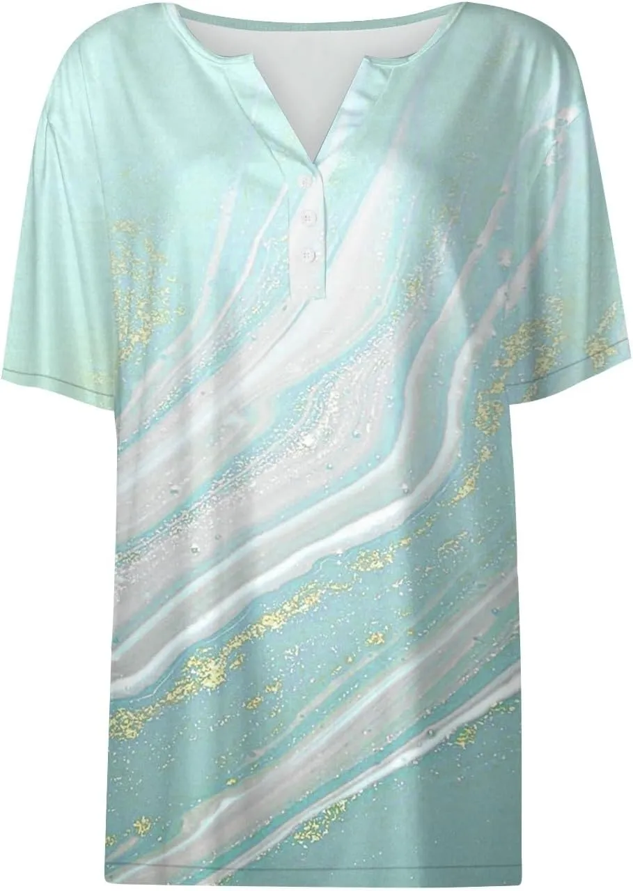 Short Sleeve Shirts for Women Oversized V-Neck Shirt Top Trendy Casual T Shirt Button Down Loose Printed Pullover
