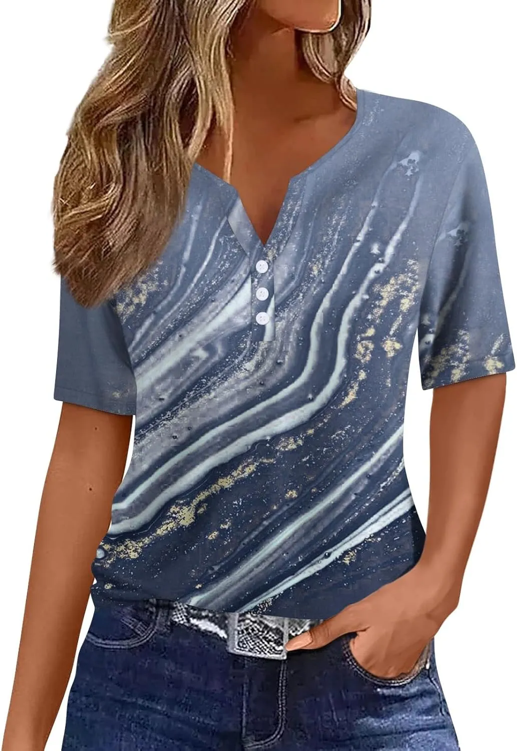 Short Sleeve Shirts for Women Oversized V-Neck Shirt Top Trendy Casual T Shirt Button Down Loose Printed Pullover