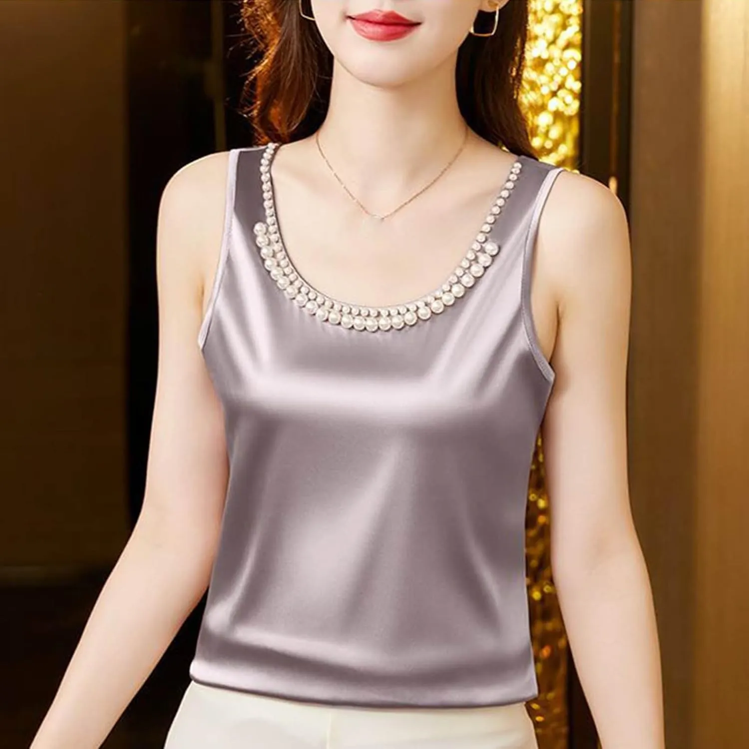 Silk Satin Tank Tops Women Elegant Crew Neck Pearl Beads Sleeveless Tunic Top Summer Fashion Blouse 2025 Loose Fit