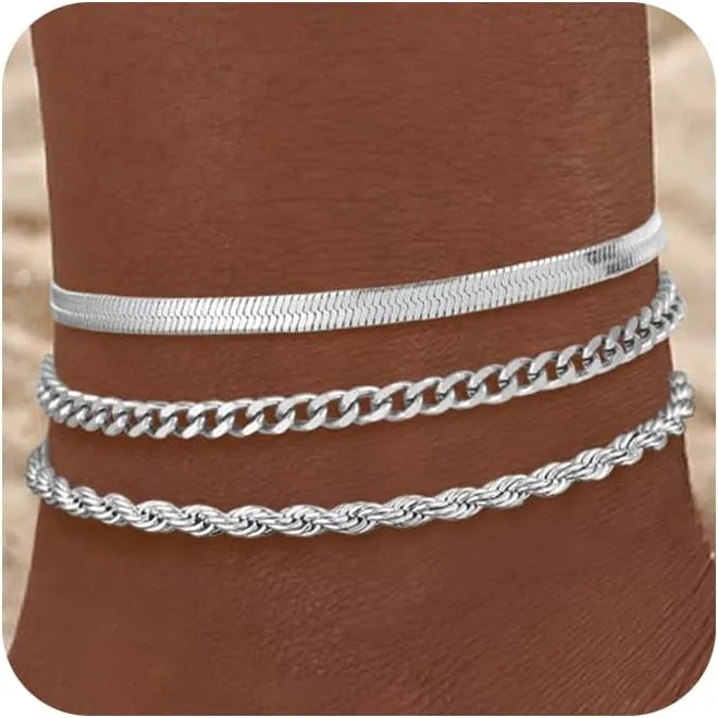 Silver Ankle Bracelets for Women Sterling Silver Plated Stackable 4MM Cuban Link Figaro Herringbone Chain Anklets Summer Jewelry Set Gifts for Women