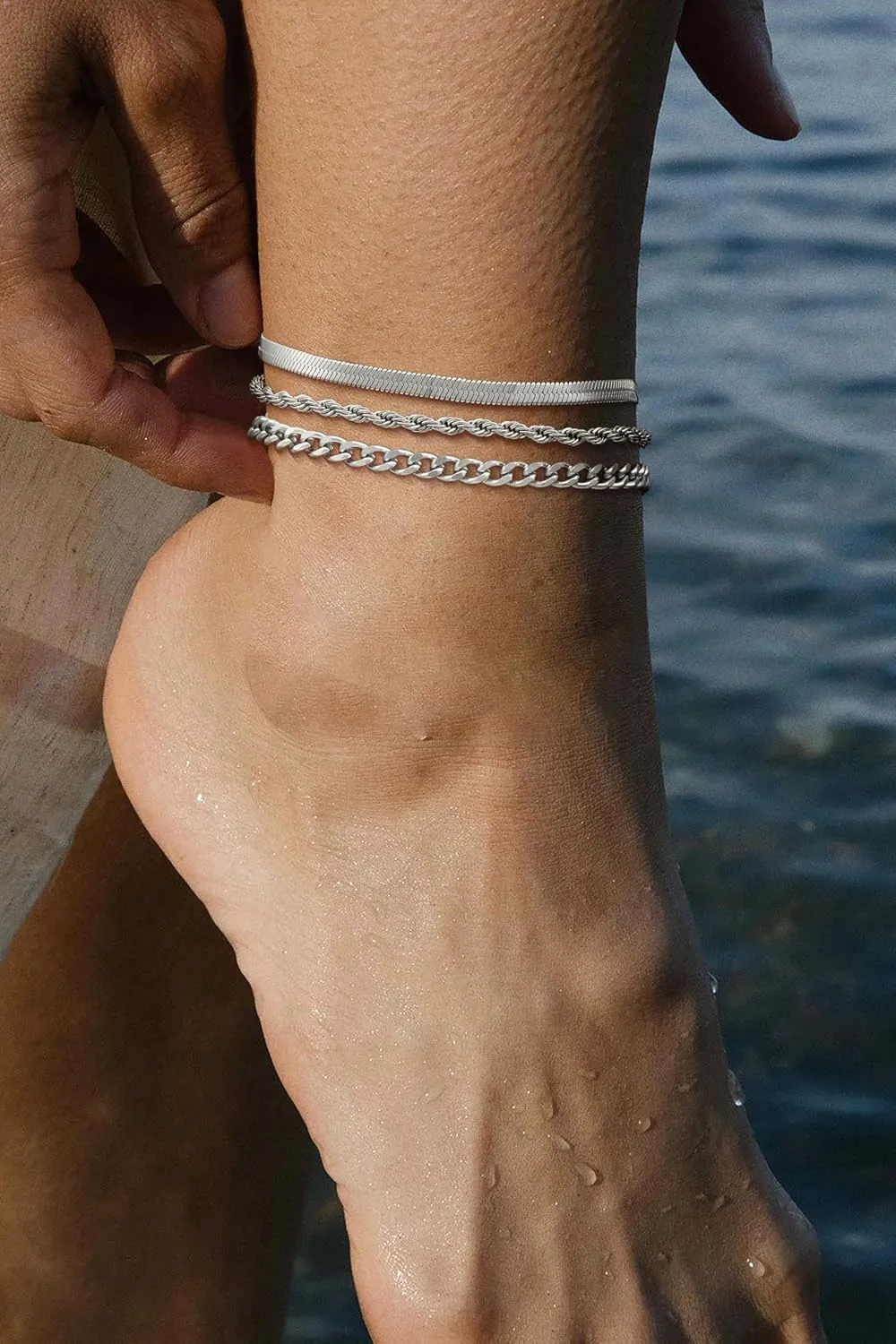 Silver Ankle Bracelets for Women Sterling Silver Plated Stackable 4MM Cuban Link Figaro Herringbone Chain Anklets Summer Jewelry Set Gifts for Women