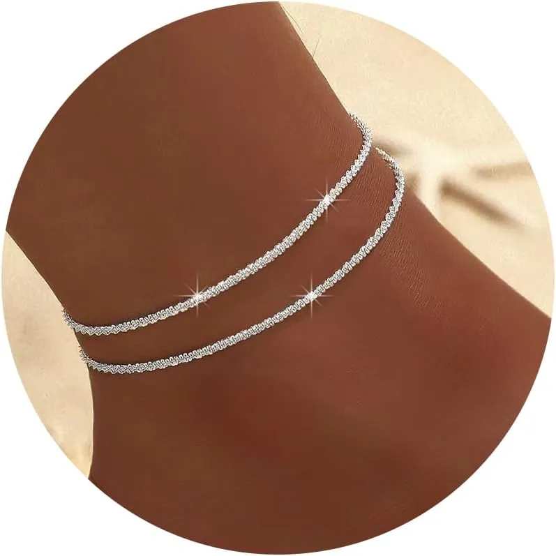 Silver Anklets for Women Sparkly Waterproof Rhinestone Layered Ankle Bracelets Dainty Cute Non Tarnish Twist Rope Ankle Chain Summer Beach Foot Jewelry Gift for Her