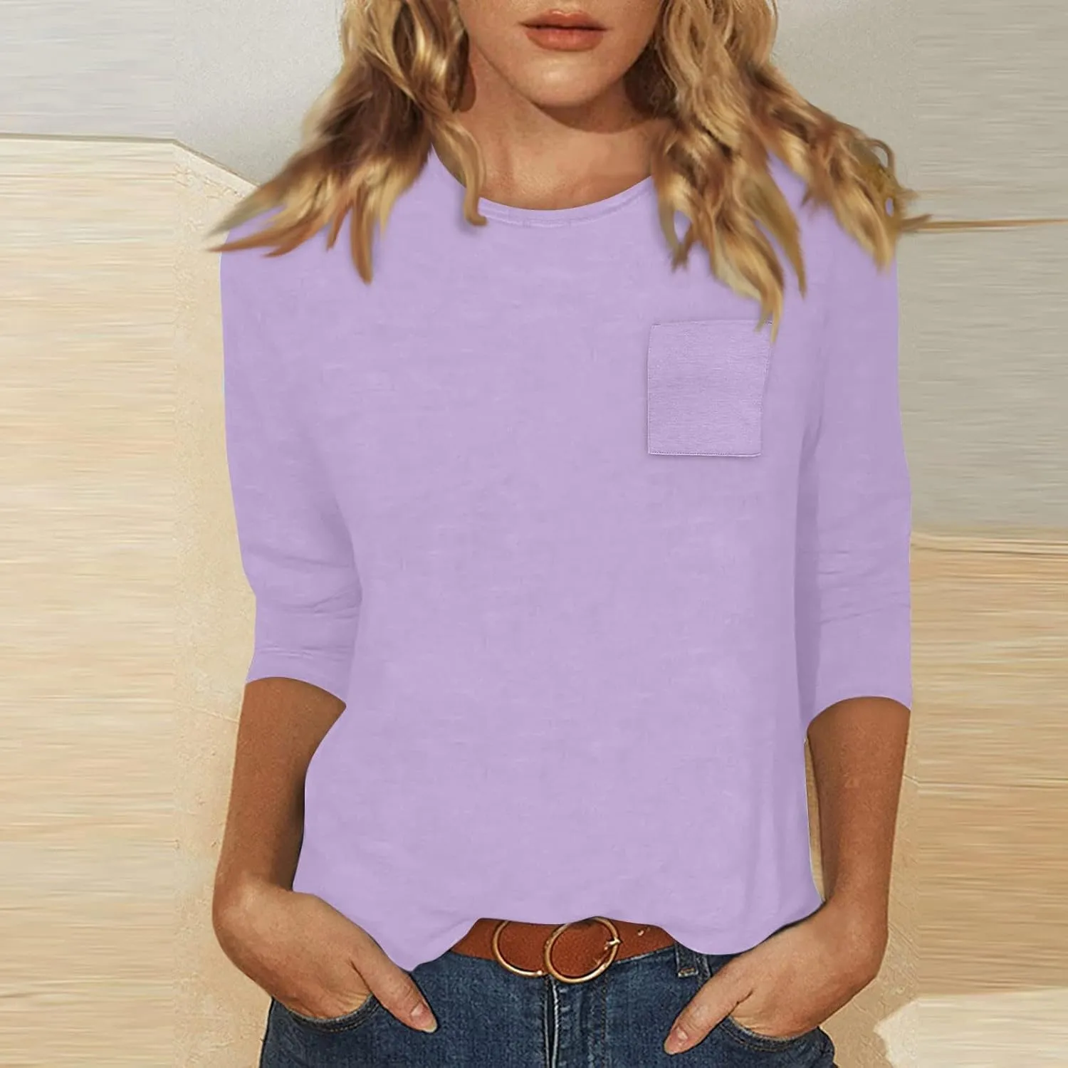 slqdgmryz 3/4 Length Sleeve Womens Tops Dressy Casual Crewneck Tshirts Shirts with Pocket Three Quarter Workout Blouses