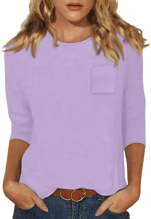 slqdgmryz 3/4 Length Sleeve Womens Tops Dressy Casual Crewneck Tshirts Shirts with Pocket Three Quarter Workout Blouses