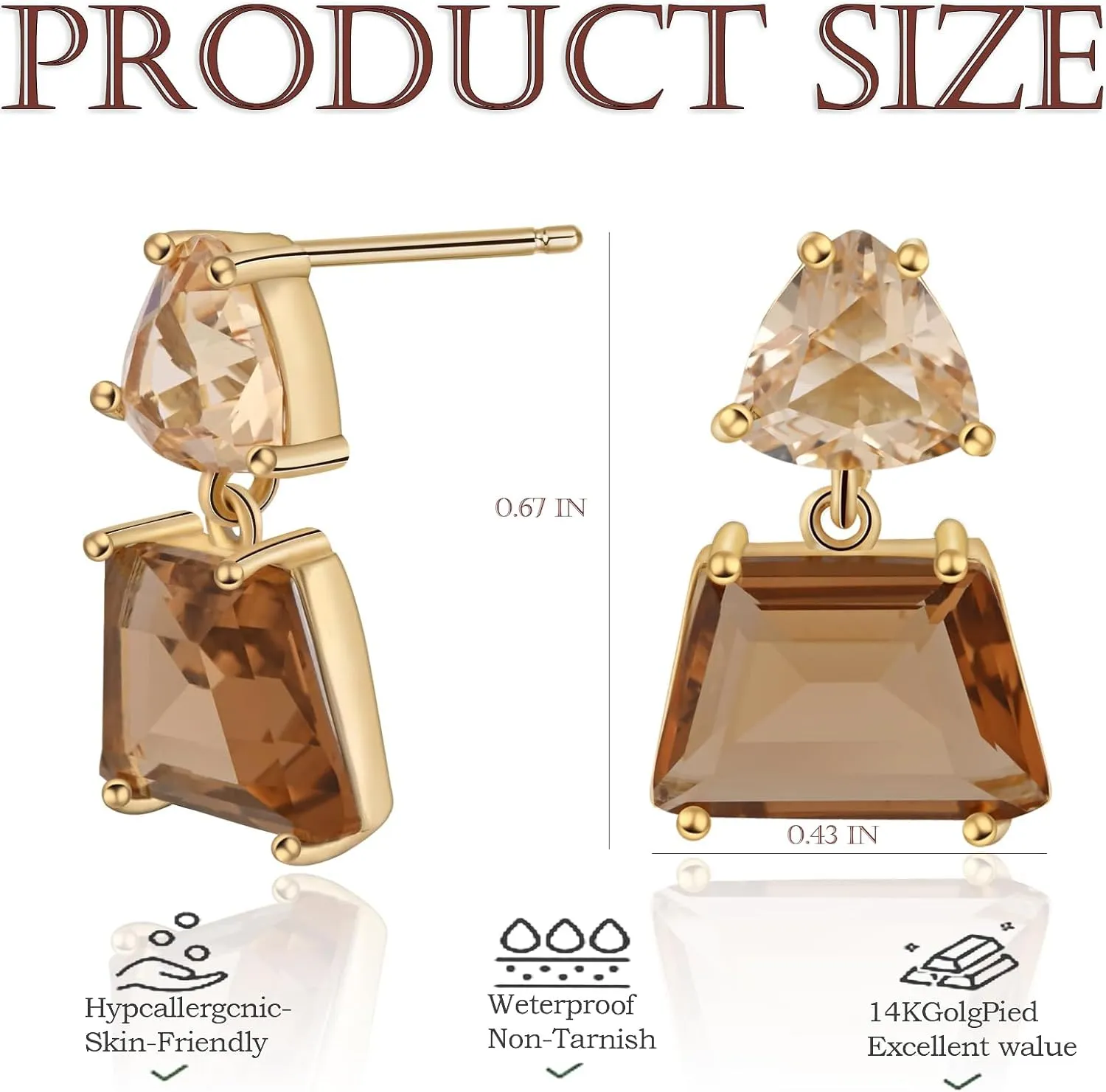 Small Brown Crystal Dangle Earrings for Women  Hypoallergenic Amber Drops, Lightweight Geometric Earrings for Sensitive Ears, Fashion Jewelry Gift for Birthday and Holidays