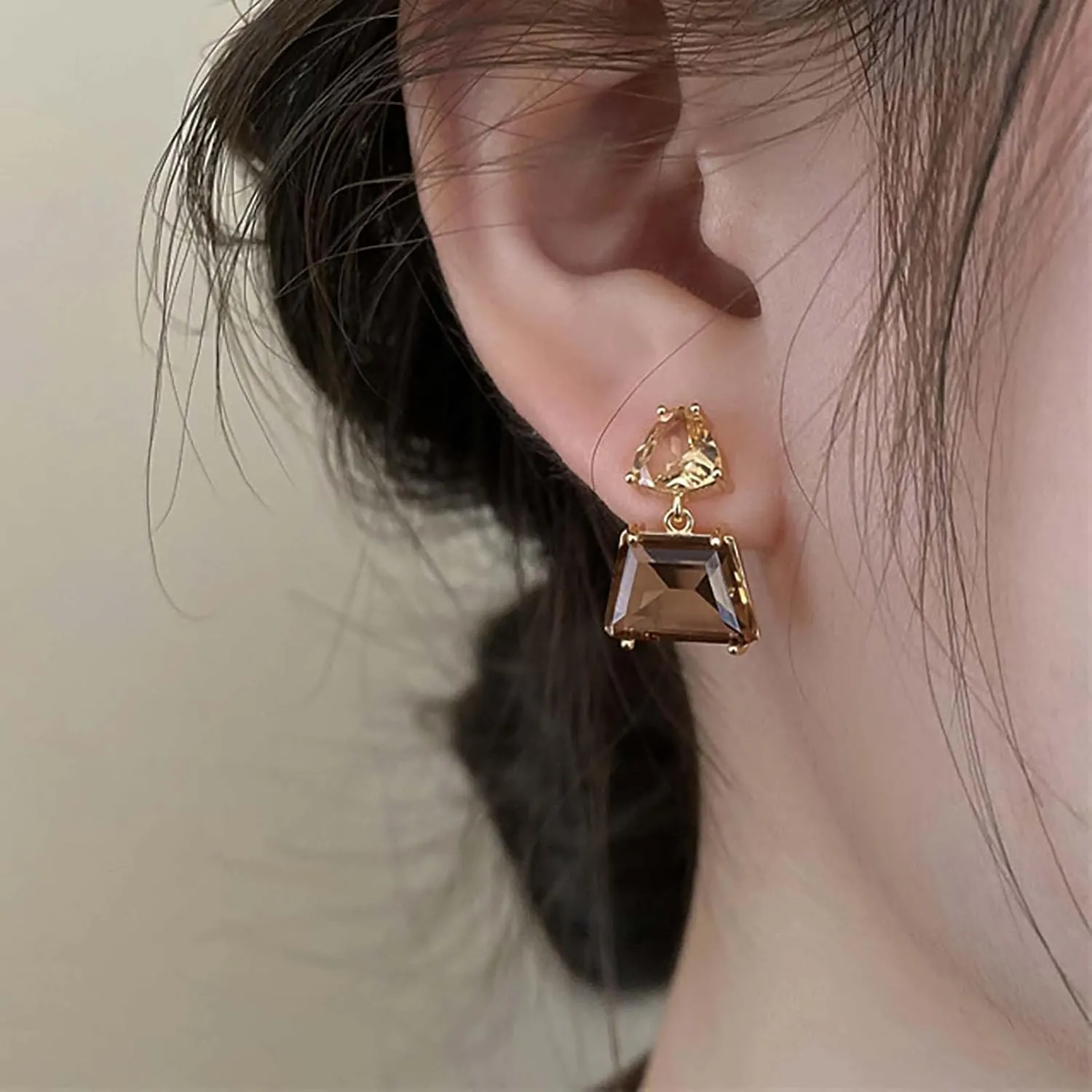 Small Brown Crystal Dangle Earrings for Women  Hypoallergenic Amber Drops, Lightweight Geometric Earrings for Sensitive Ears, Fashion Jewelry Gift for Birthday and Holidays