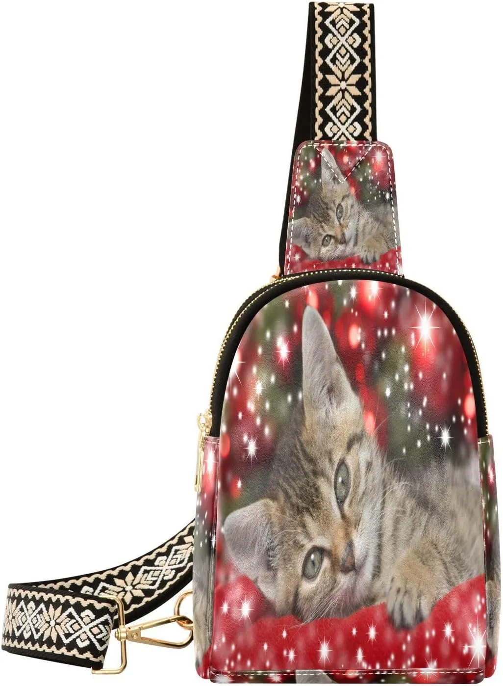 Small Sling Bag Fanny Packs Crossbody Bags for Women Christmas Kitten Leather Fashion Chest Bag Belt Bag for Women for Travel Sports Running Hiking