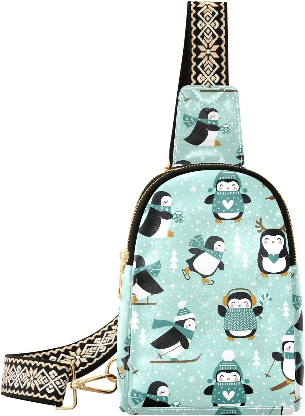 Small Sling Bag Fanny Packs Crossbody Bags for Women Cute Penguins and Snowflakes Leather Fashion Chest Bag Belt Bag for Women for Travel Sports Running Hiking