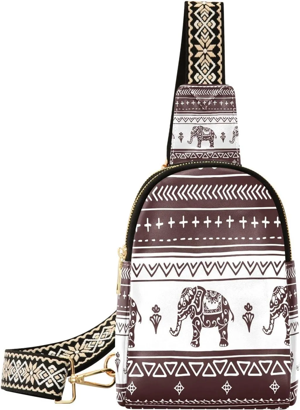 Small Sling Bag Fanny Packs Crossbody Bags for Women Ethnic Elephant Design Leather Fashion Chest Bag Belt Bag for Women for Travel Sports Running Hiking