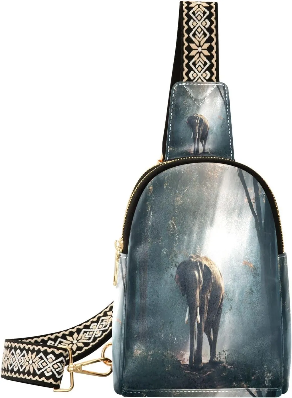 Small Sling Bag Fanny Packs Crossbody Bags for Women Landscape Elephant Forest Leather Fashion Chest Bag Belt Bag for Women for Travel Sports Running Hiking