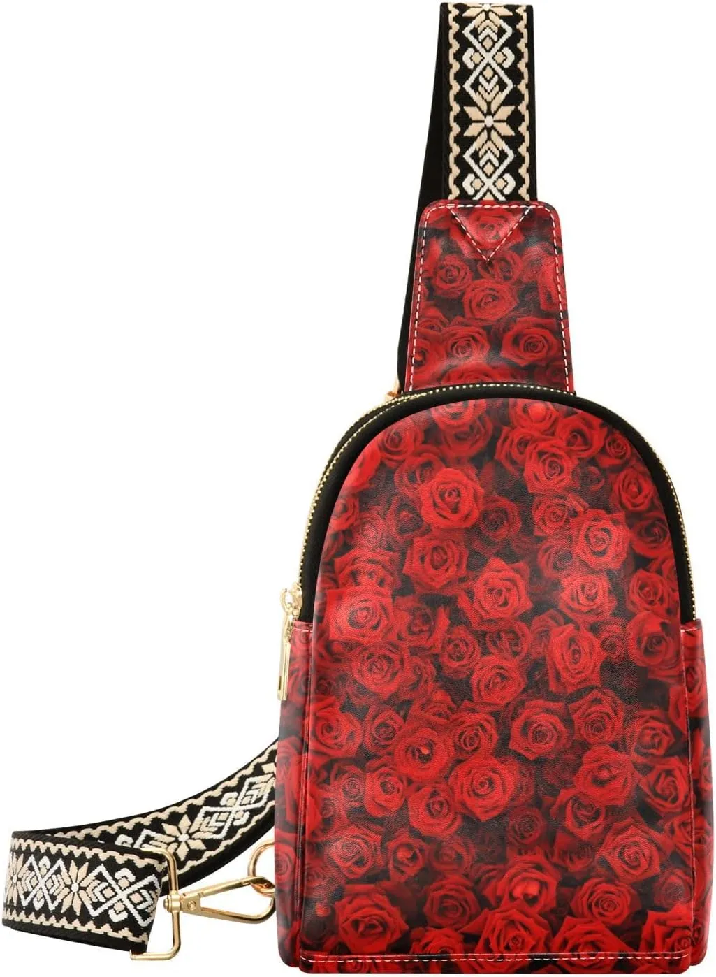 Small Sling Bag Fanny Packs Crossbody Bags for Women Red Rose Flowers Leather Fashion Chest Bag Belt Bag for Women for Travel Sports Running Hiking