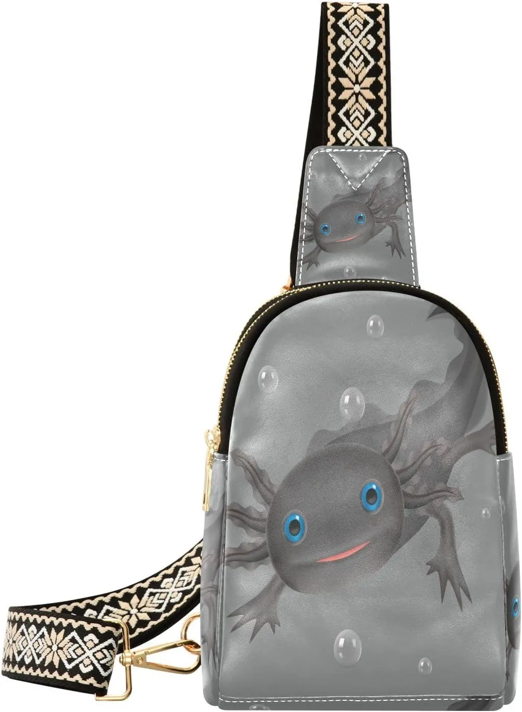 Small Sling Bag for Women Black Axolotl PC Leather Fanny Pack Crossbody Cute Animal Fashion Waist Packs Chest Bag for Travel Sports Running Hiking