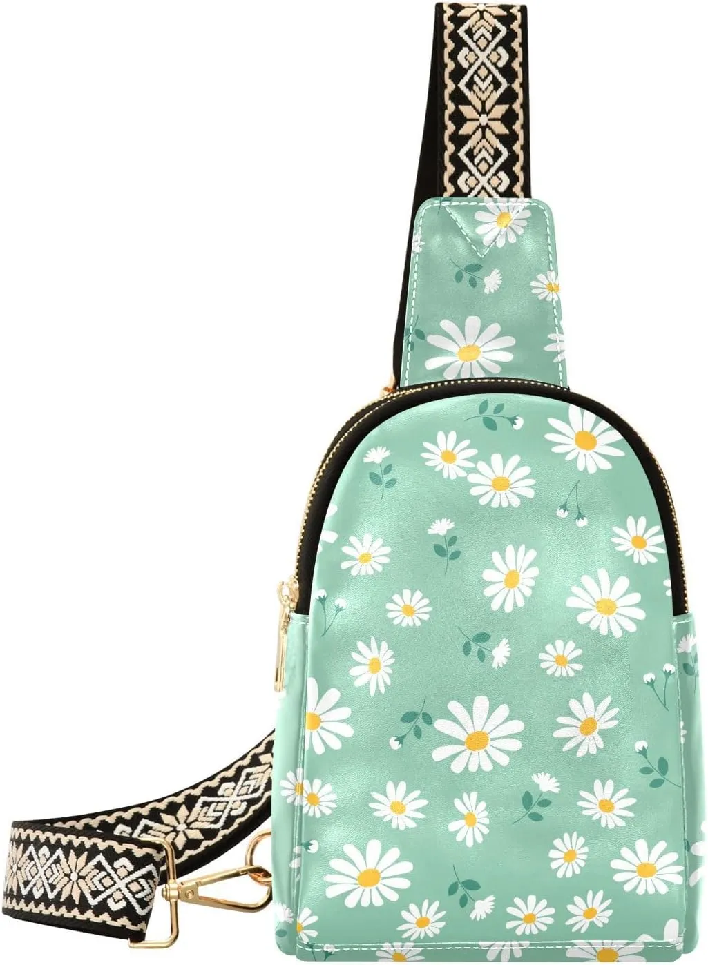 Small Sling Bag for Women Daisy Flower PC Leather Fanny Pack Crossbody Floral Fashion Waist Packs Chest Bag for Travel Sports Running Hiking
