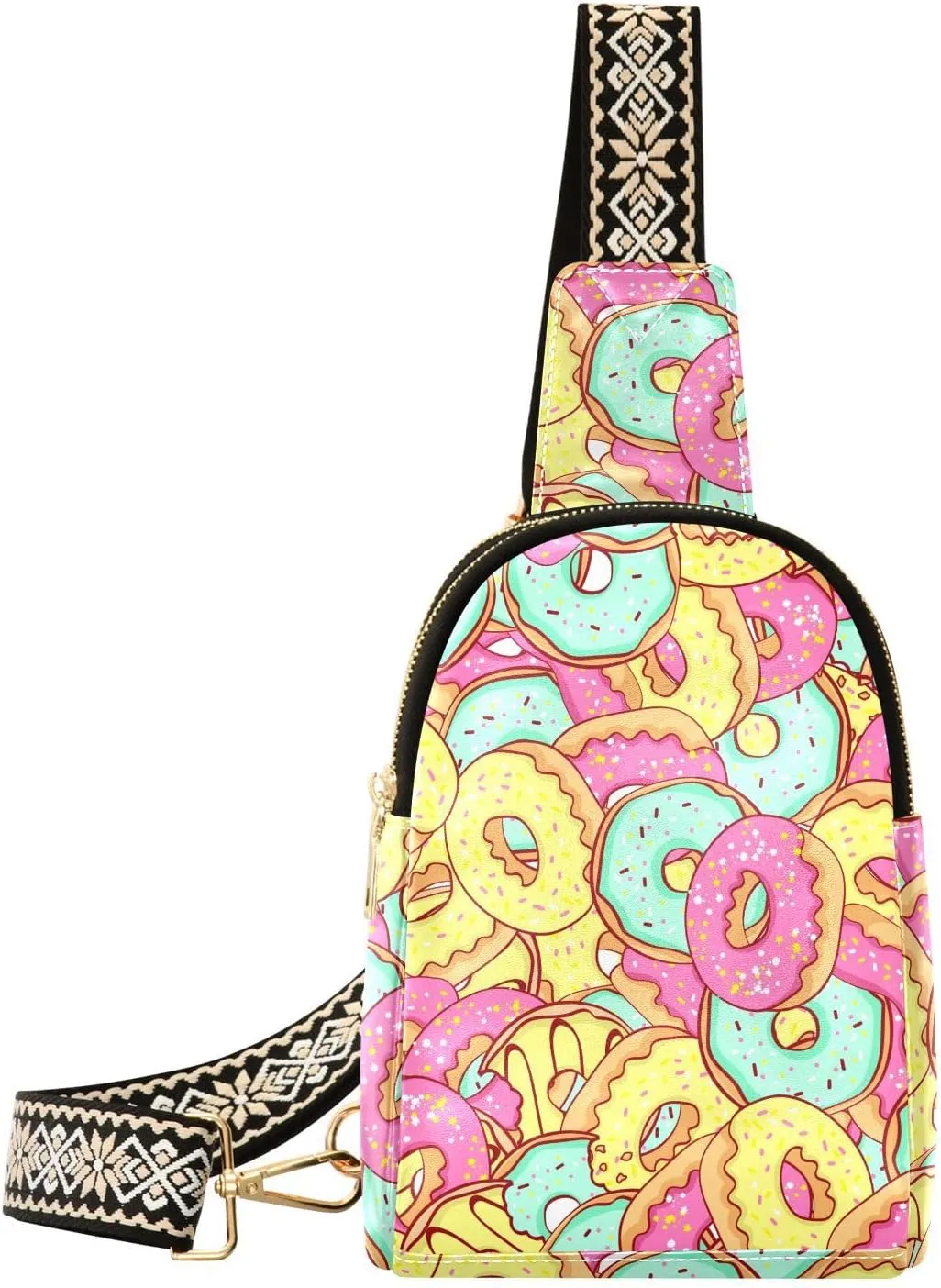 Small Sling Bag for Women Donut Colorful Pattern PC Leather Fanny Pack Crossbody Fashion Waist Packs Chest Bag for Travel Sports Running Hiking