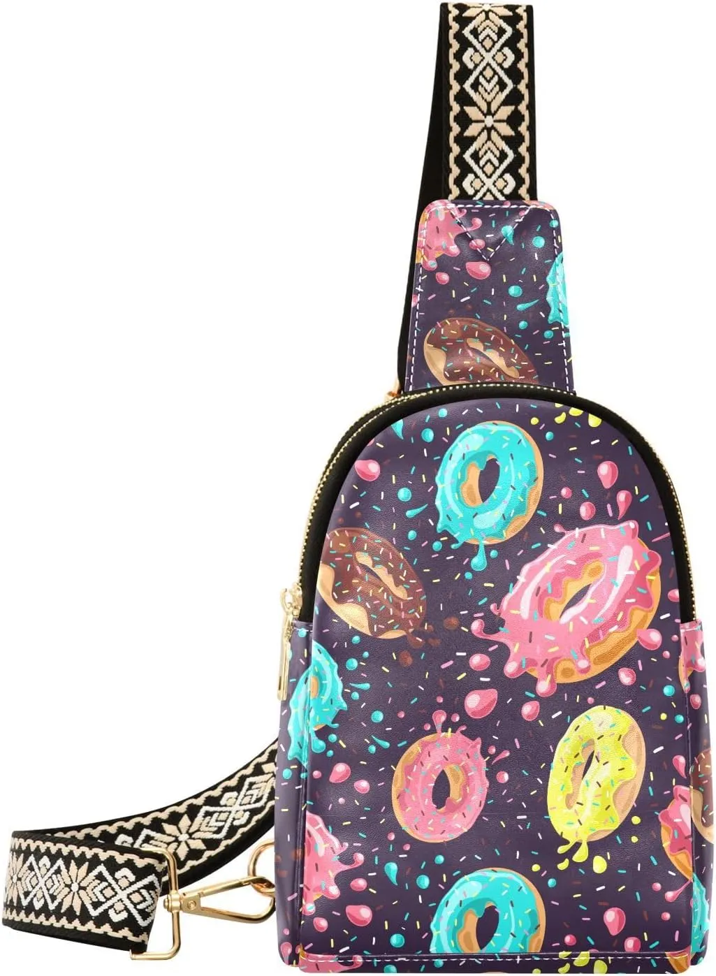 Small Sling Bag for Women Donut Pink PC Leather Fanny Pack Crossbody Colorful Splashes Fashion Waist Packs Chest Bag for Travel Sports Running Hiking