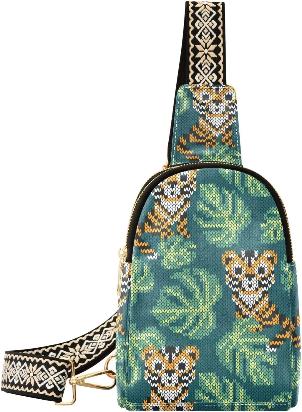 Small Sling Bag for Women Jungle Tigers Embroidery PC Leather Fanny Pack Crossbody Summer Cute Animal Fashion Waist Packs Chest Bag for Travel Sports Running Hiking