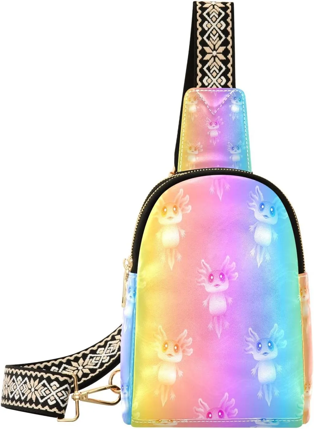 Small Sling Bag for Women Rainbow Axolotls PC Leather Fanny Pack Crossbody Fashion Waist Packs Chest Bag for Travel Sports Running Hiking