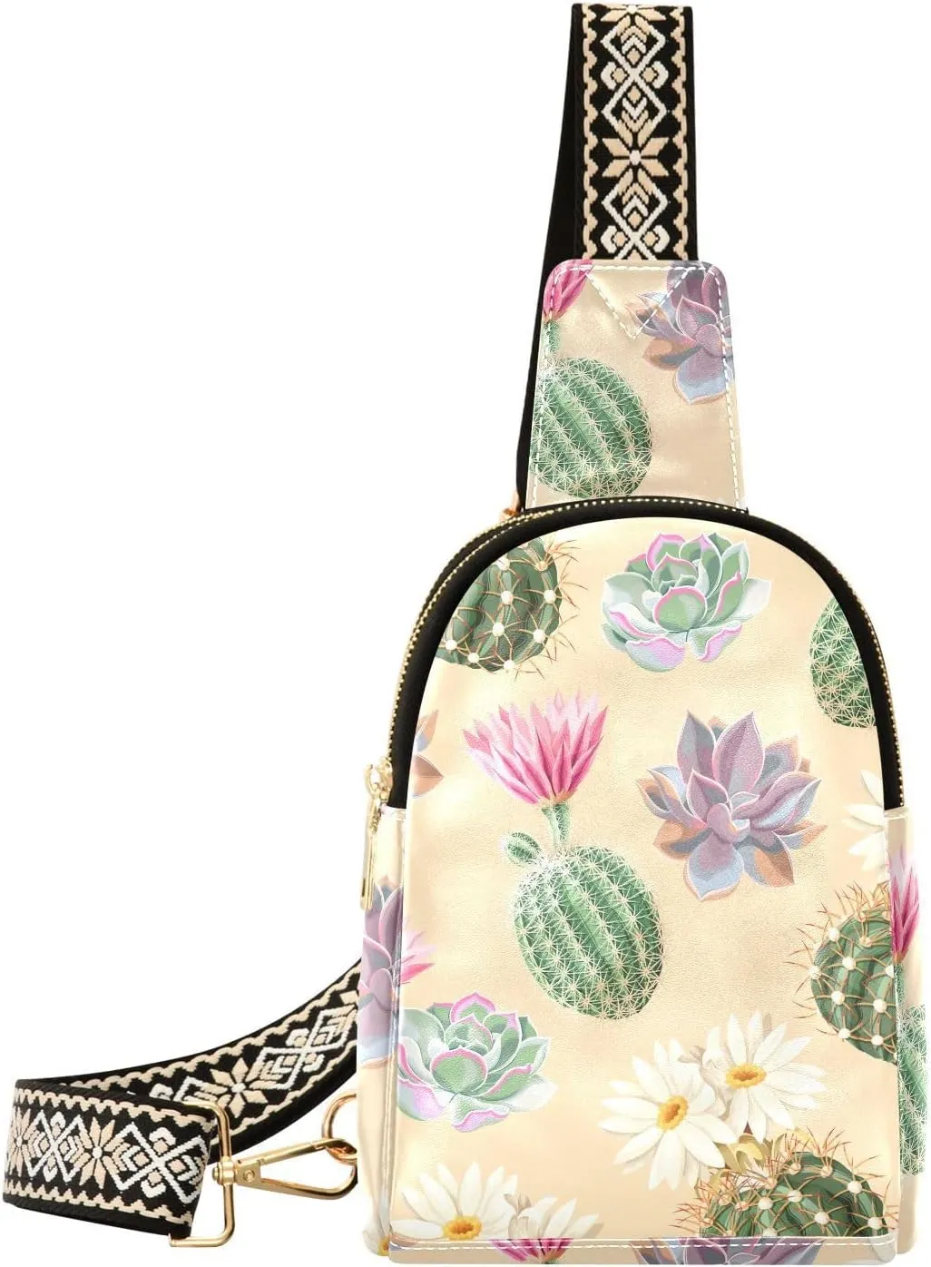 Small Sling Bag for Women Succulent Cactus Daisy PC Leather Fanny Pack Crossbody Summer Floral Fashion Waist Packs Chest Bag for Travel Sports Running Hiking