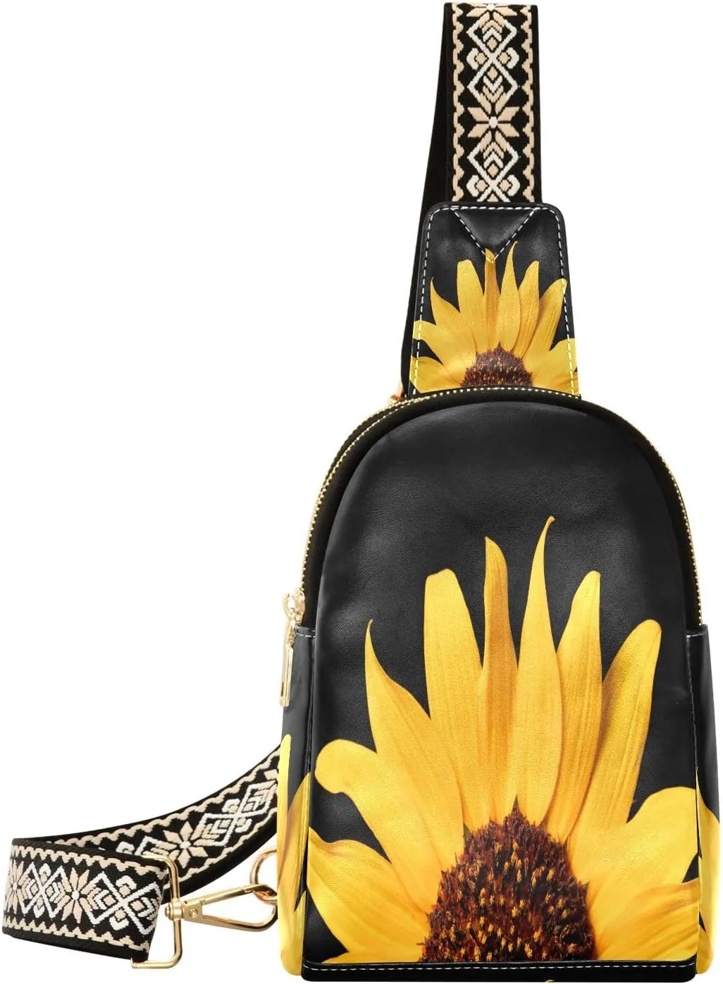 Small Sling Bag for Women Wild Sunflower PC Leather Fanny Pack Crossbody Black Fashion Waist Packs Chest Bag for Travel Sports Running Hiking