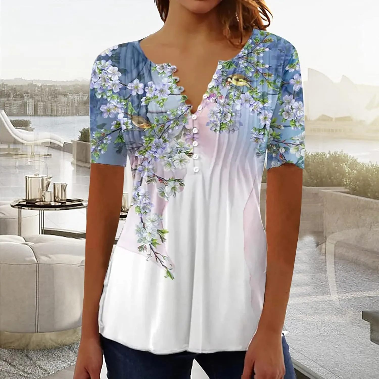 SMIDOW Womens Tunic Tops Trendy Vintage Boho Shirts Short Sleeve Notch v Neck t-Shirt 2023 Casual Summer Blouse Empire Waist